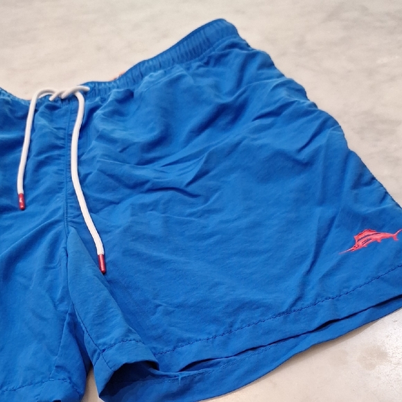 Tommy Bahama‎ Lined Blue Swim Shorts Trunks Red Logo Large Drawstring Pockets - Picture 1 of 9